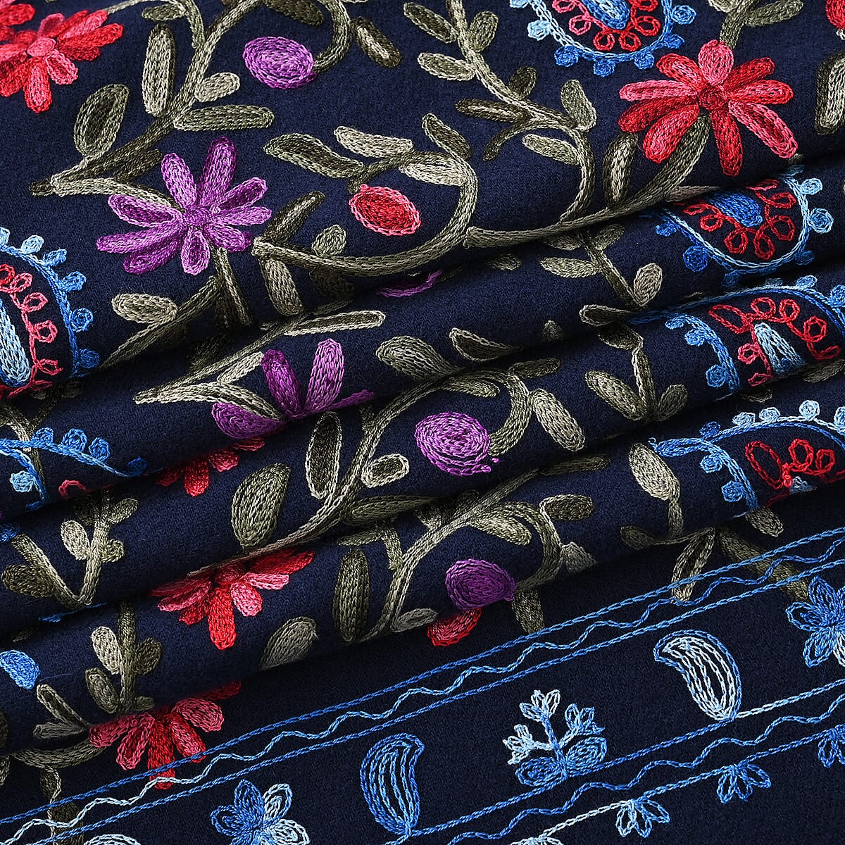 Tamsy Blue Embroidered Polyester Woven Scarf with Fringe – One Size image number 2