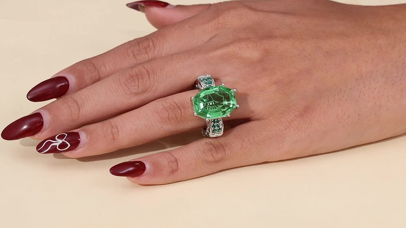 EverTrue Chartreuse Quartz (Triplet) and Signity Rainforest Topaz 14.60 ctw Ring in Platinum Bond (Size 10.0)