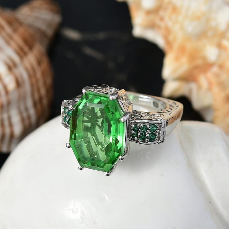 EverTrue Chartreuse Quartz (Triplet) and Signity Rainforest Topaz 14.60 ctw Art Deco Ring in Platinum Bond (Size 7.0)