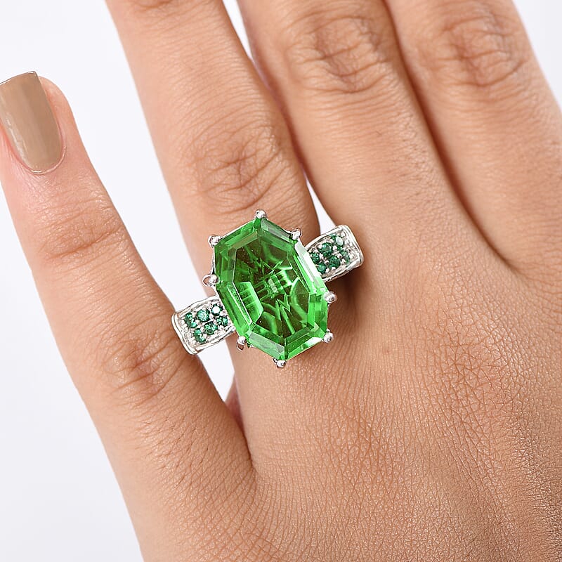 EverTrue Chartreuse Quartz (Triplet) and Signity Rainforest Topaz 14.60 ctw Art Deco Ring in Platinum Bond (Size 7.0)