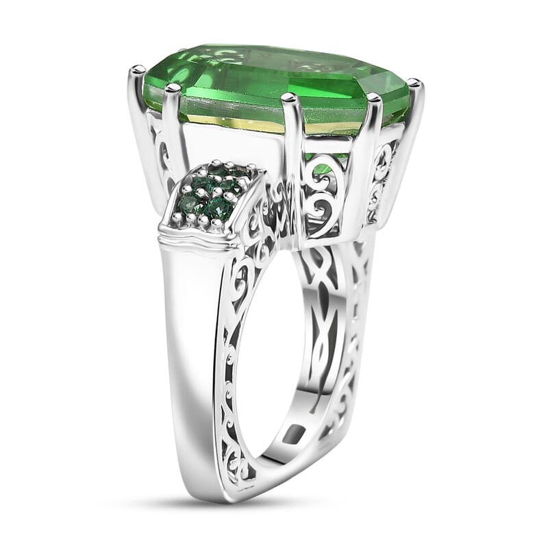 EverTrue Chartreuse Quartz (Triplet) and Signity Rainforest Topaz 14.60 ctw Art Deco Ring in Platinum Bond (Size 7.0)