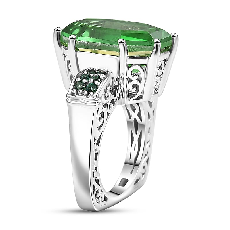 EverTrue Chartreuse Quartz (Triplet) and Signity Rainforest Topaz 14.60 ctw Art Deco Ring in Platinum Bond (Size 7.0)