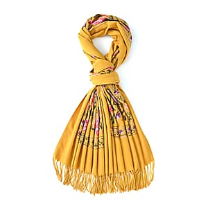 Tamsy Yellow Embroidery Faux Wool Scarf with Fringe Faux Wool