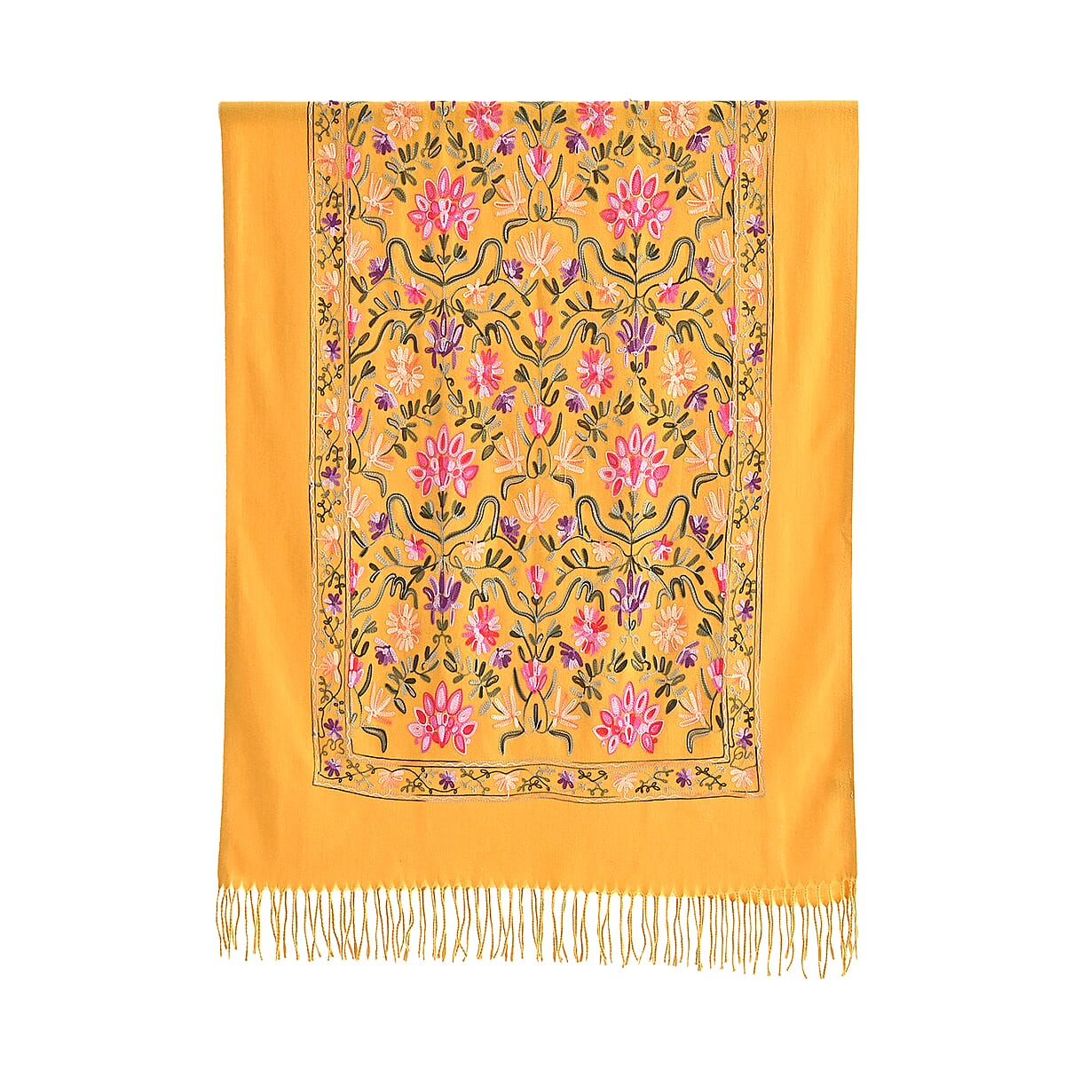 Tamsy Yellow Embroidery Faux Wool Scarf with Fringe Faux Wool image number 1