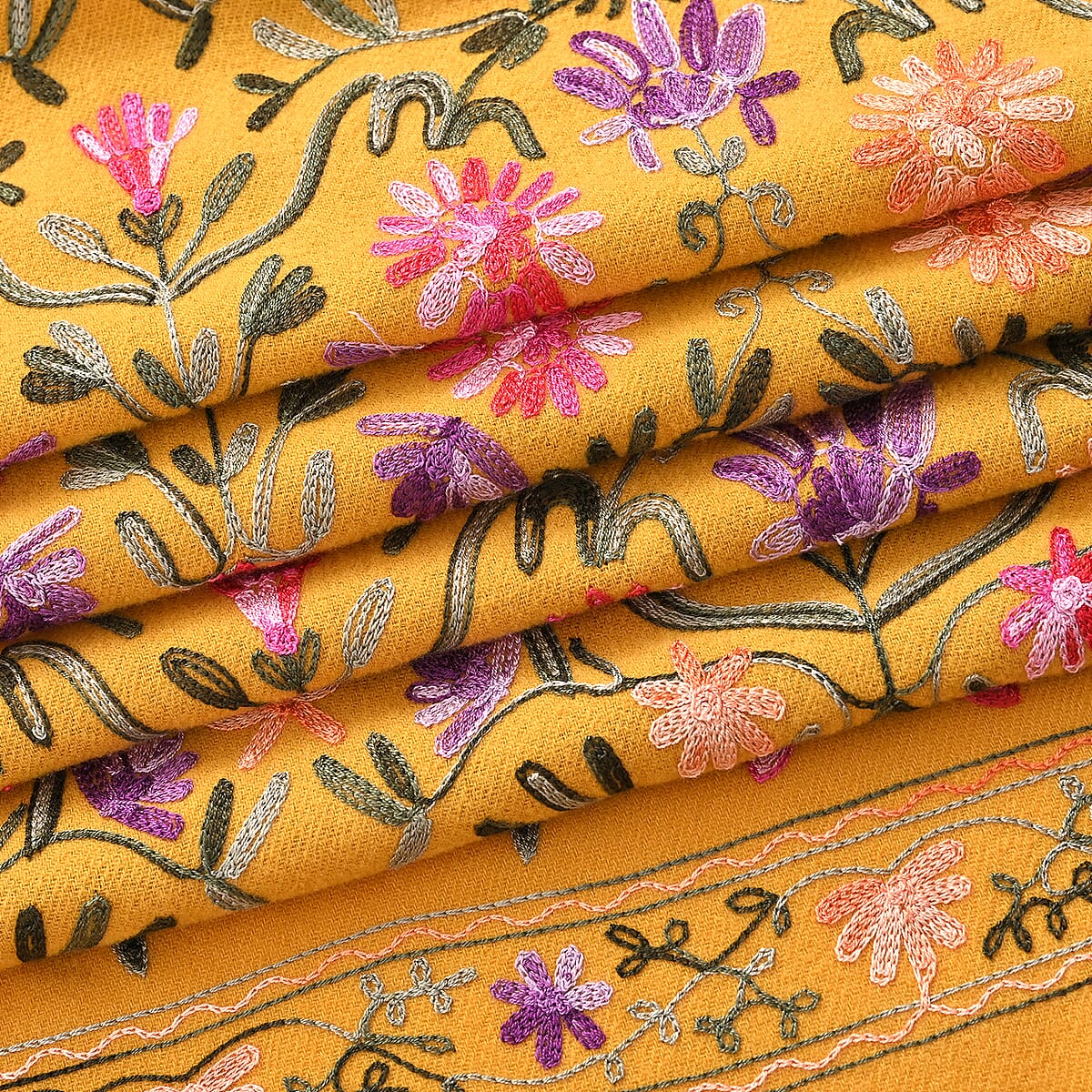 Tamsy Yellow Embroidery Faux Wool Scarf with Fringe Faux Wool image number 2