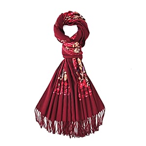 Tamsy Red Embroidered Polyester Woven Scarf with Fringe &ndash; One Size