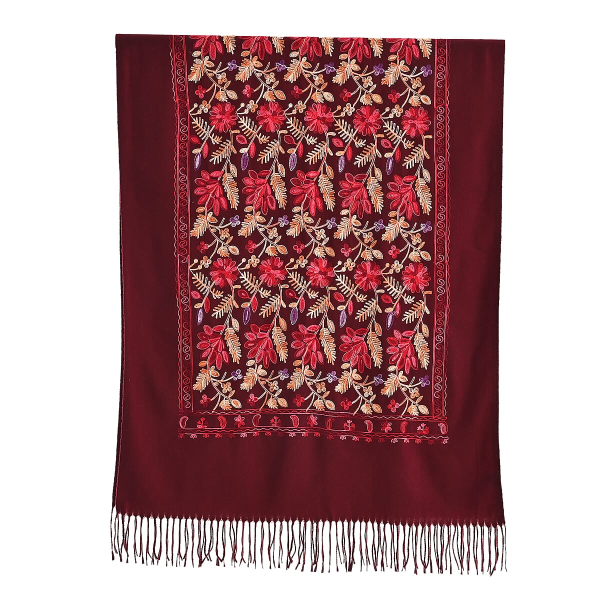 Tamsy Multi Color Embroidery Faux Wool Scarf with Fringe Faux Wool image number 1