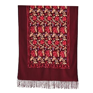 Tamsy Red Embroidered Polyester Woven Scarf with Fringe &ndash; One Size