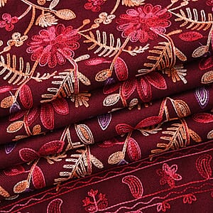 Tamsy Red Embroidered Polyester Woven Scarf with Fringe &ndash; One Size
