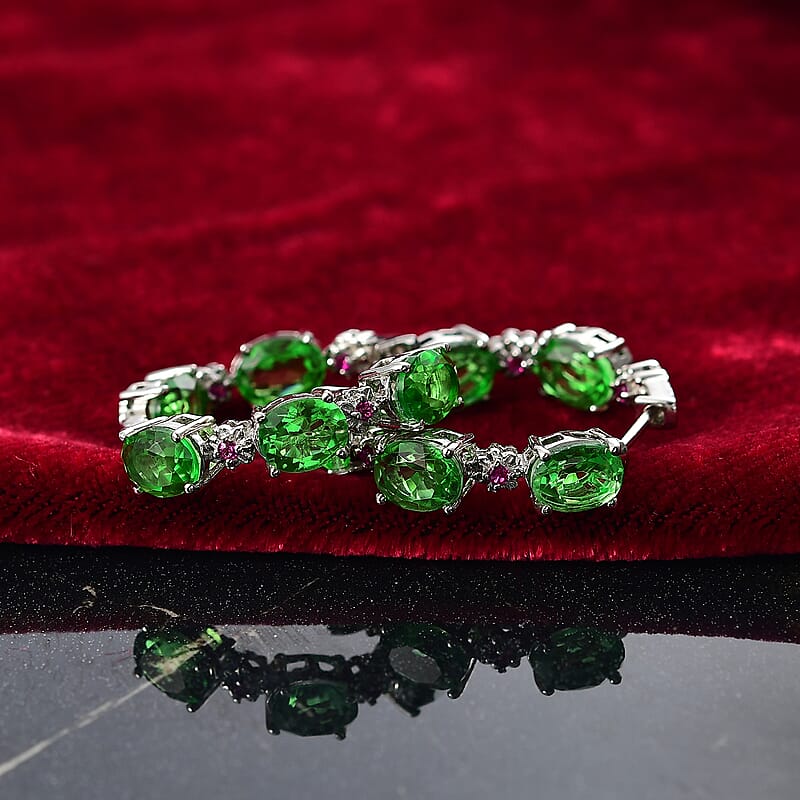 EverTrue Chartreuse Quartz (Triplet) and Lab Created Ruby 14.50 ctw Floral Hoop Earrings in Platinum Bond