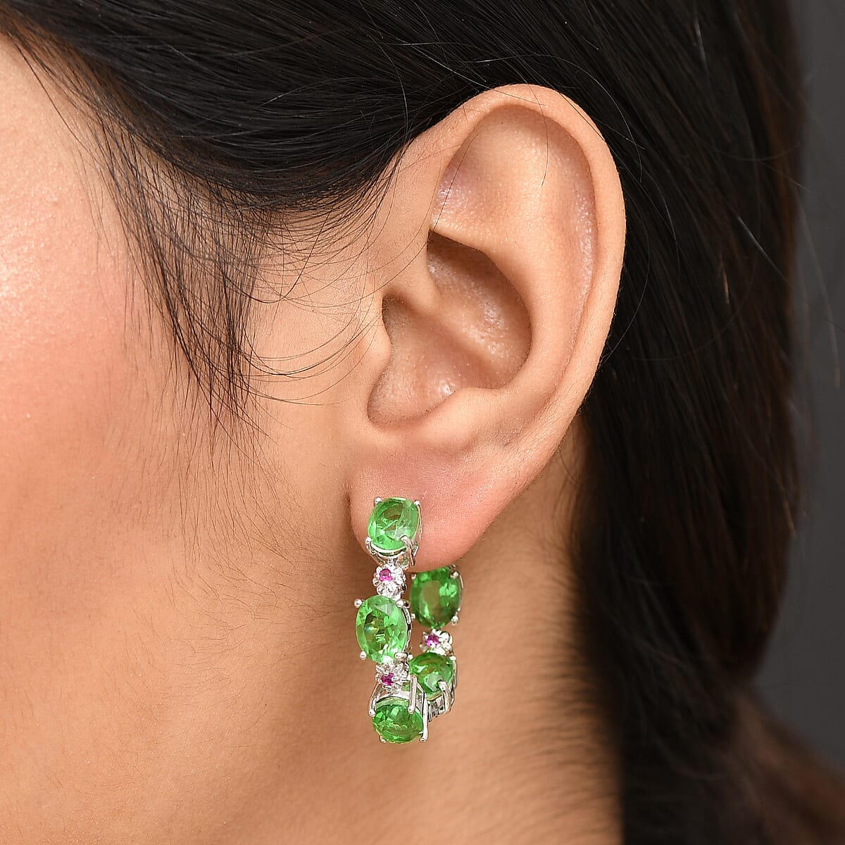 EverTrue Chartreuse Quartz (Triplet) and Synthetic Ruby 14.50 ctw Hoop Earrings in Platinum Bond image number 1