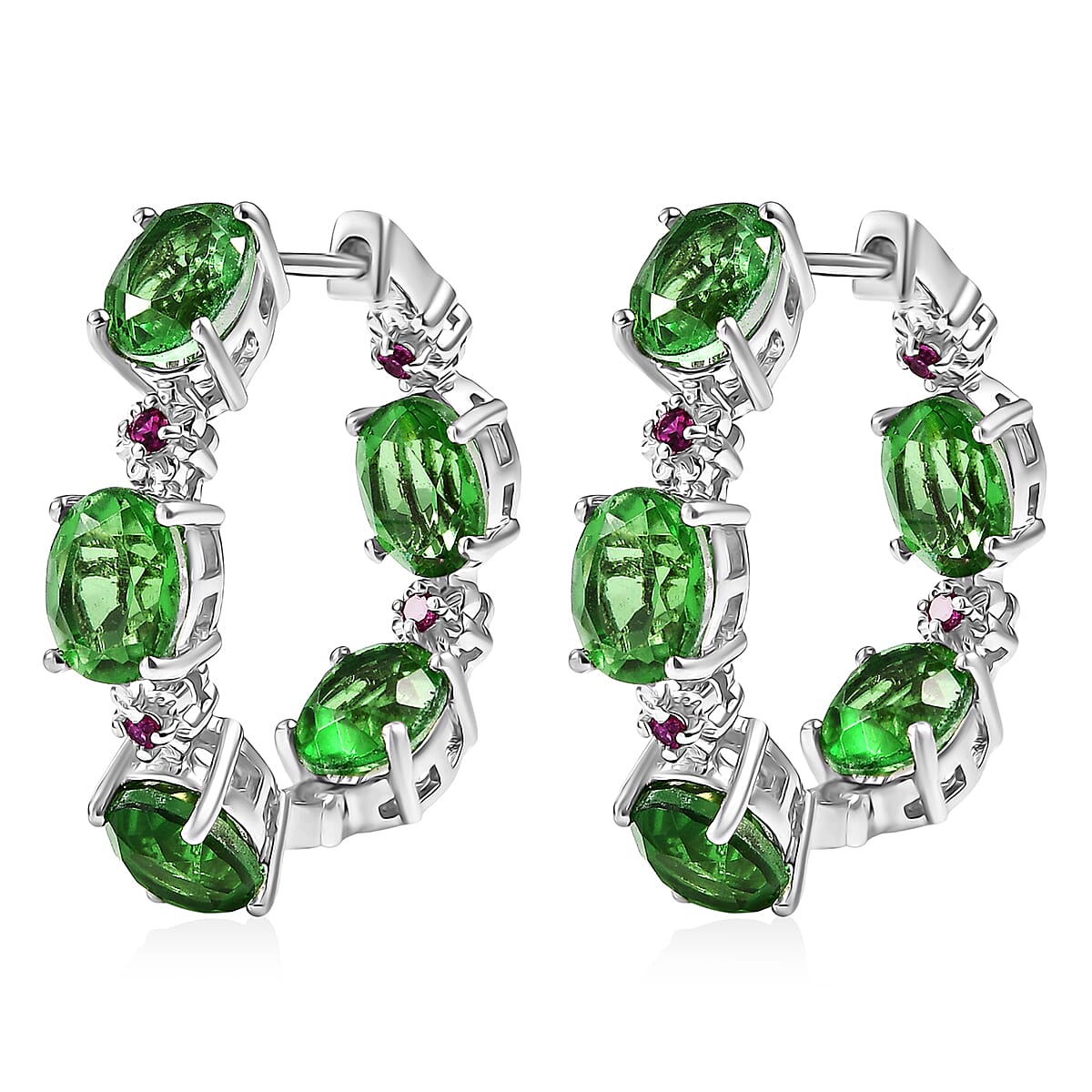 EverTrue Chartreuse Quartz (Triplet) and Synthetic Ruby 14.50 ctw Hoop Earrings in Platinum Bond image number 2