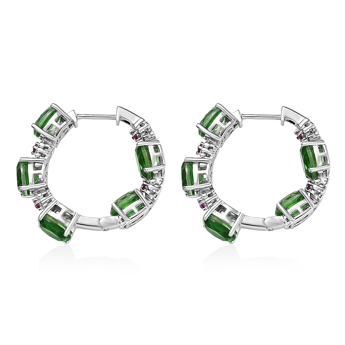 EverTrue Chartreuse Quartz (Triplet) and Synthetic Ruby 14.50 ctw Hoop Earrings in Platinum Bond image number 3