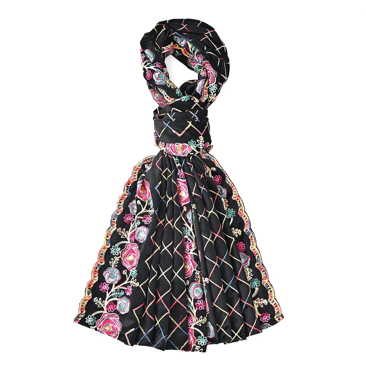 TAMSY Black Rose Floral Embroidered Polyester Scarf - One Size image number 0