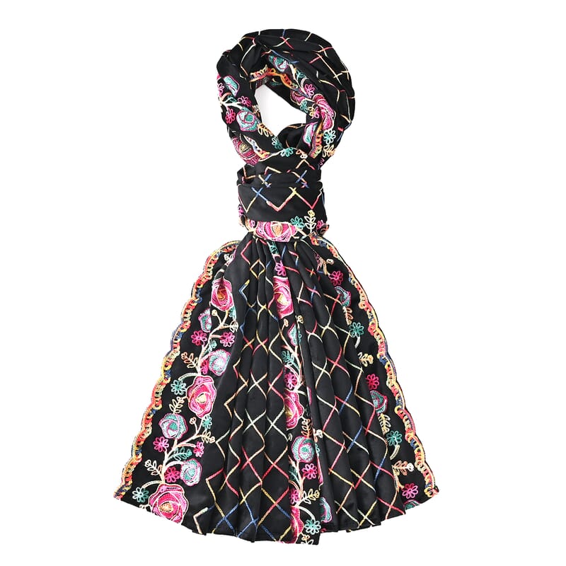 TAMSY Black Rose Floral Embroidered Polyester Scarf - One Size