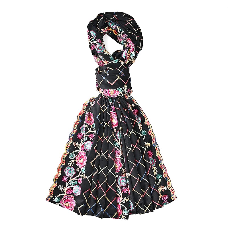 TAMSY Black Rose Floral Embroidered Polyester Scarf - One Size