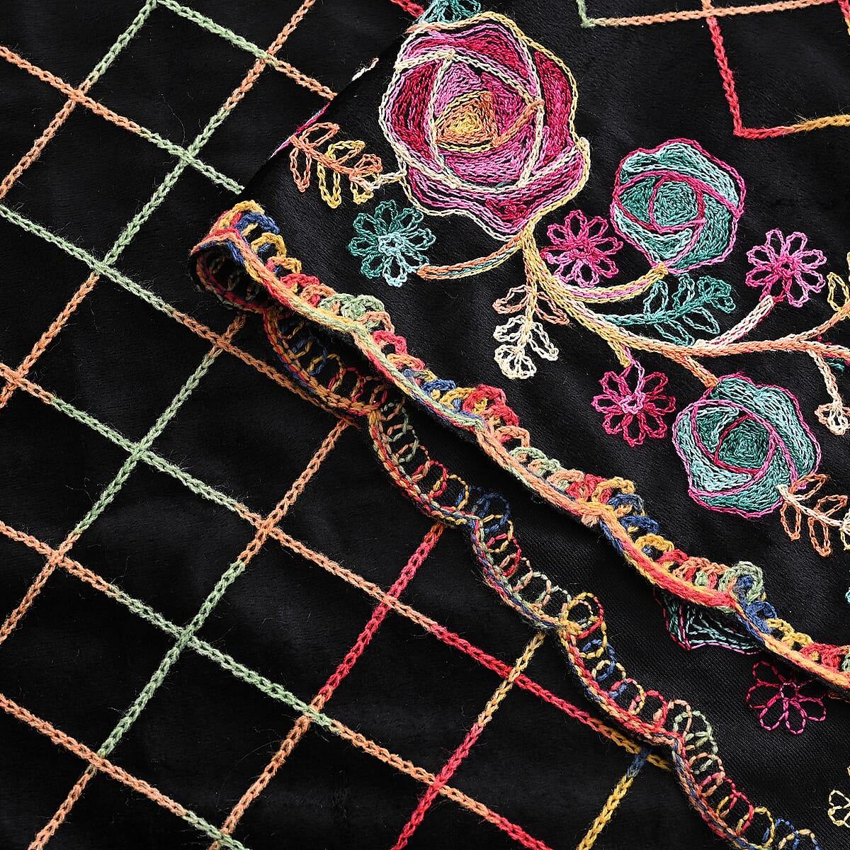 TAMSY Black Rose Floral Embroidered Polyester Scarf - One Size image number 2