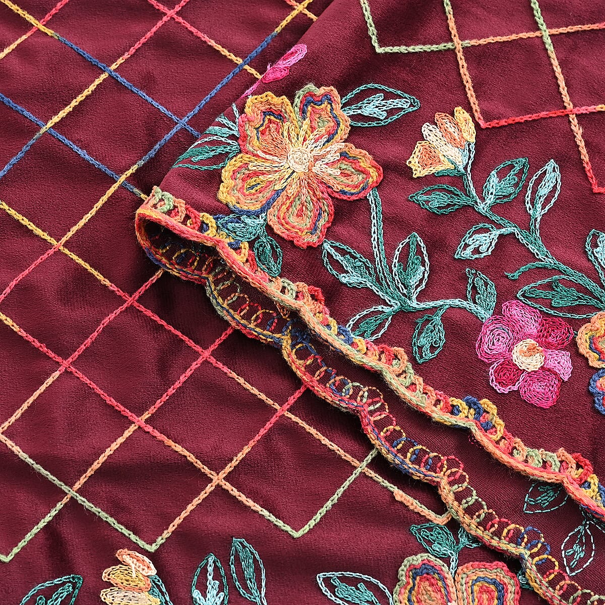 TAMSY Burgundy Floral Embroidered Polyester Scarf - One Size image number 2