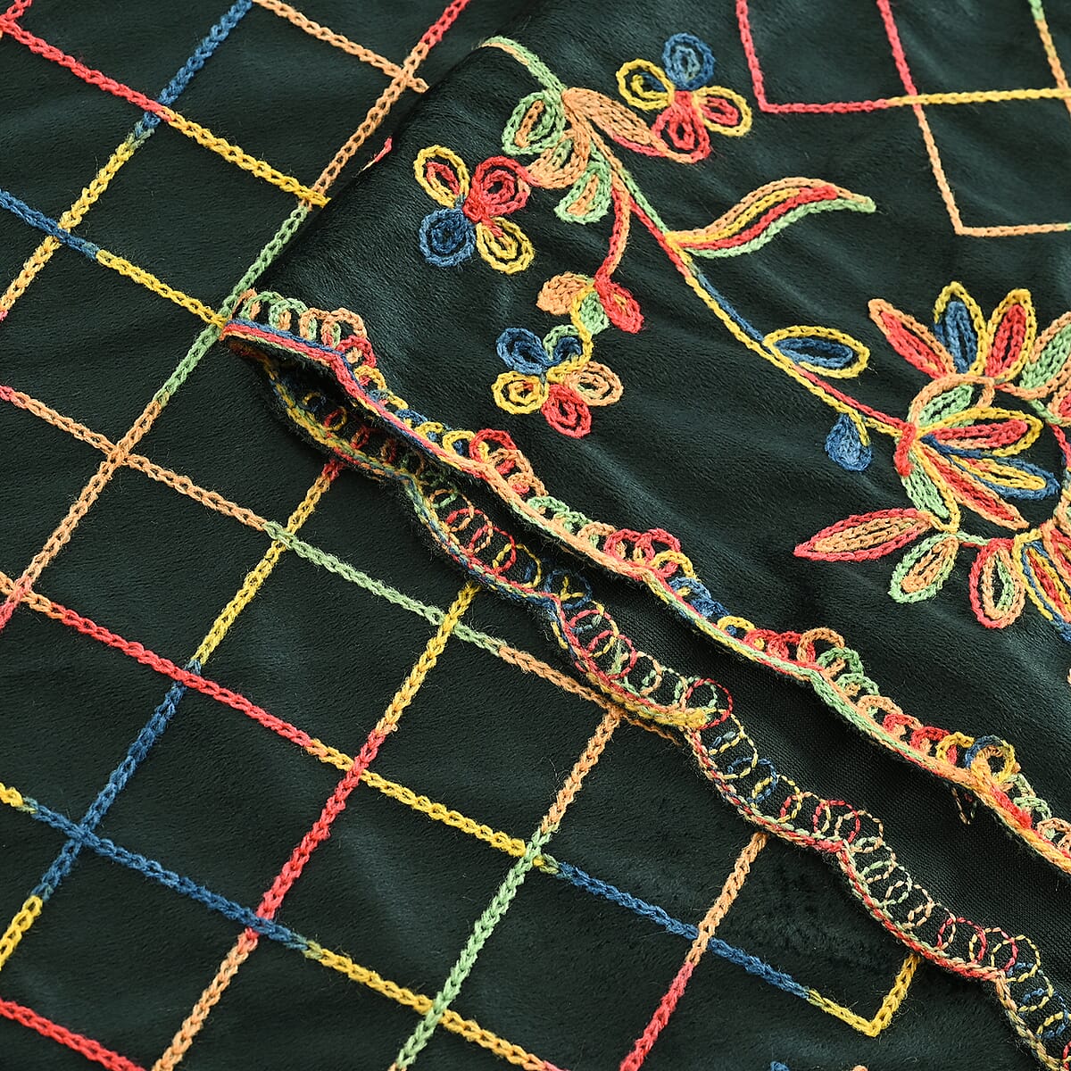 TAMSY Dark Green Floral Embroidered Polyester Scarf - One Size image number 2