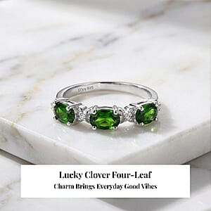 D'Joy Chrome Diopside and White Zircon 1.30 ctw Four Leaf Clover Ring in Rhodium Over Sterling Silver (Size 7.0)