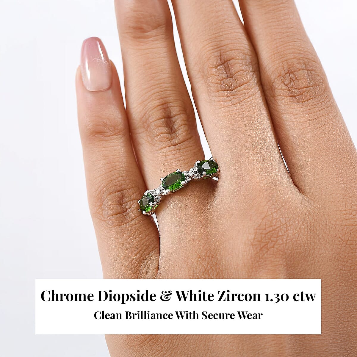 D'Joy Chrome Diopside and White Zircon 1.30 ctw Four Leaf Clover Ring in Rhodium Over Sterling Silver (Size 8.0) image number 1
