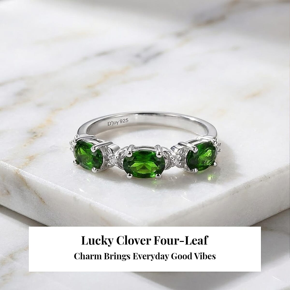 D'Joy Chrome Diopside and White Zircon 1.30 ctw Four Leaf Clover Ring in Rhodium Over Sterling Silver (Size 8.0) image number 3