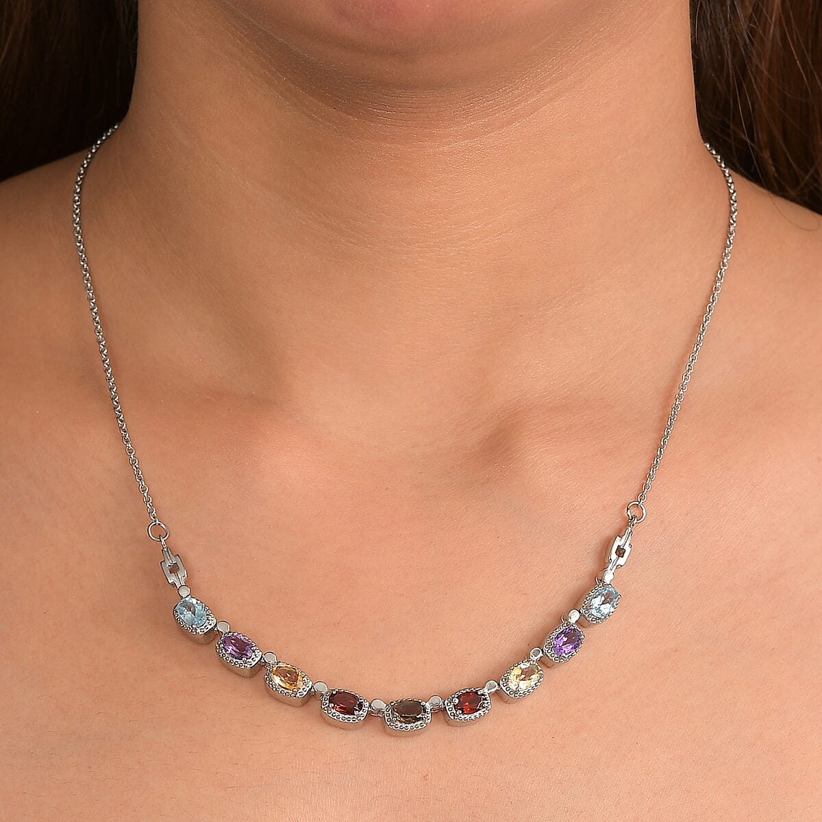 EverTrue Multi Gemstone 4.50 ctw Necklace 18 Inches in Stainless Steel image number 2