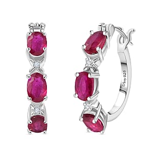 Doorbuster D'Joy Niassa Ruby (FF) and White Zircon 3.80 ctw Four Leaf Clover Hoop Earrings in Rhodium Over Sterling Silver