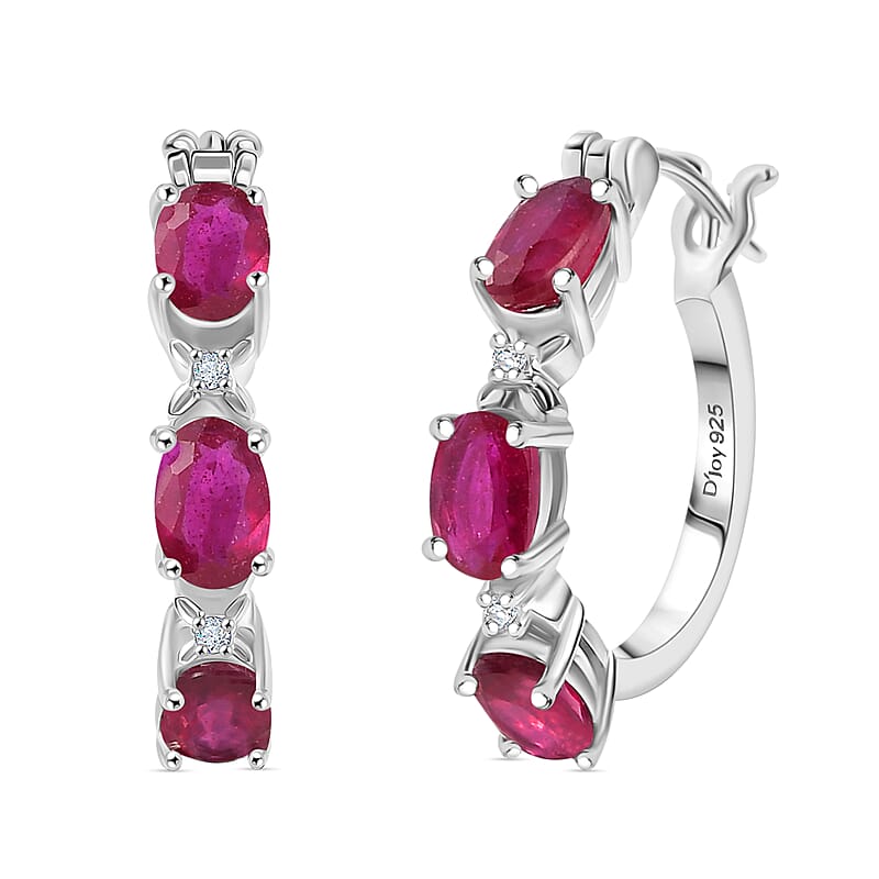 D'Joy Niassa Ruby, White Zircon Hoop Earrings in Rhodium Over Sterling Silver 3.80 ctw