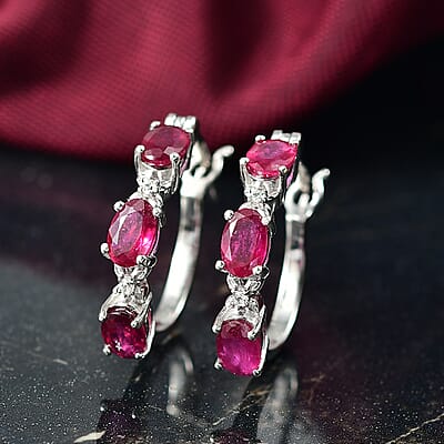 D'Joy Niassa Ruby, White Zircon Hoop Earrings in Rhodium Over Sterling Silver 3.80 ctw