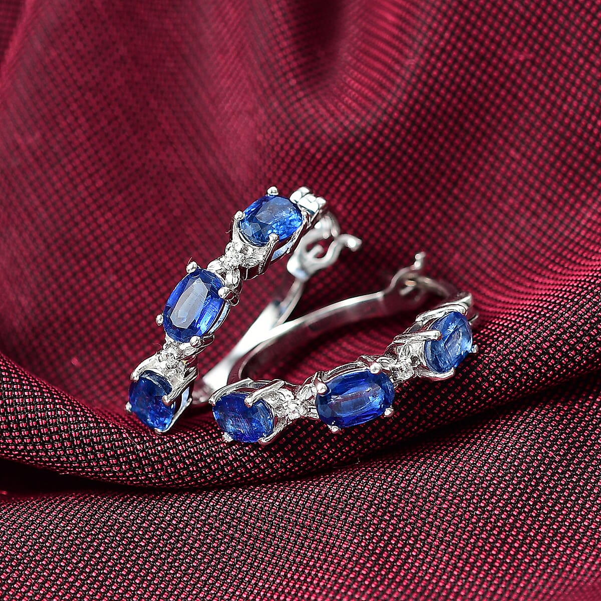 Doorbuster D'Joy Kashmir Kyanite and White Zircon 3.50 ctw Four Leaf Clover Hoop Earrings in Rhodium Over Sterling Silver image number 1