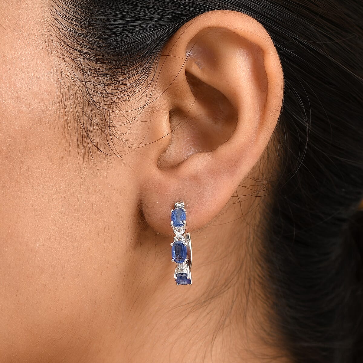 Doorbuster D'Joy Kashmir Kyanite and White Zircon 3.50 ctw Four Leaf Clover Hoop Earrings in Rhodium Over Sterling Silver image number 2