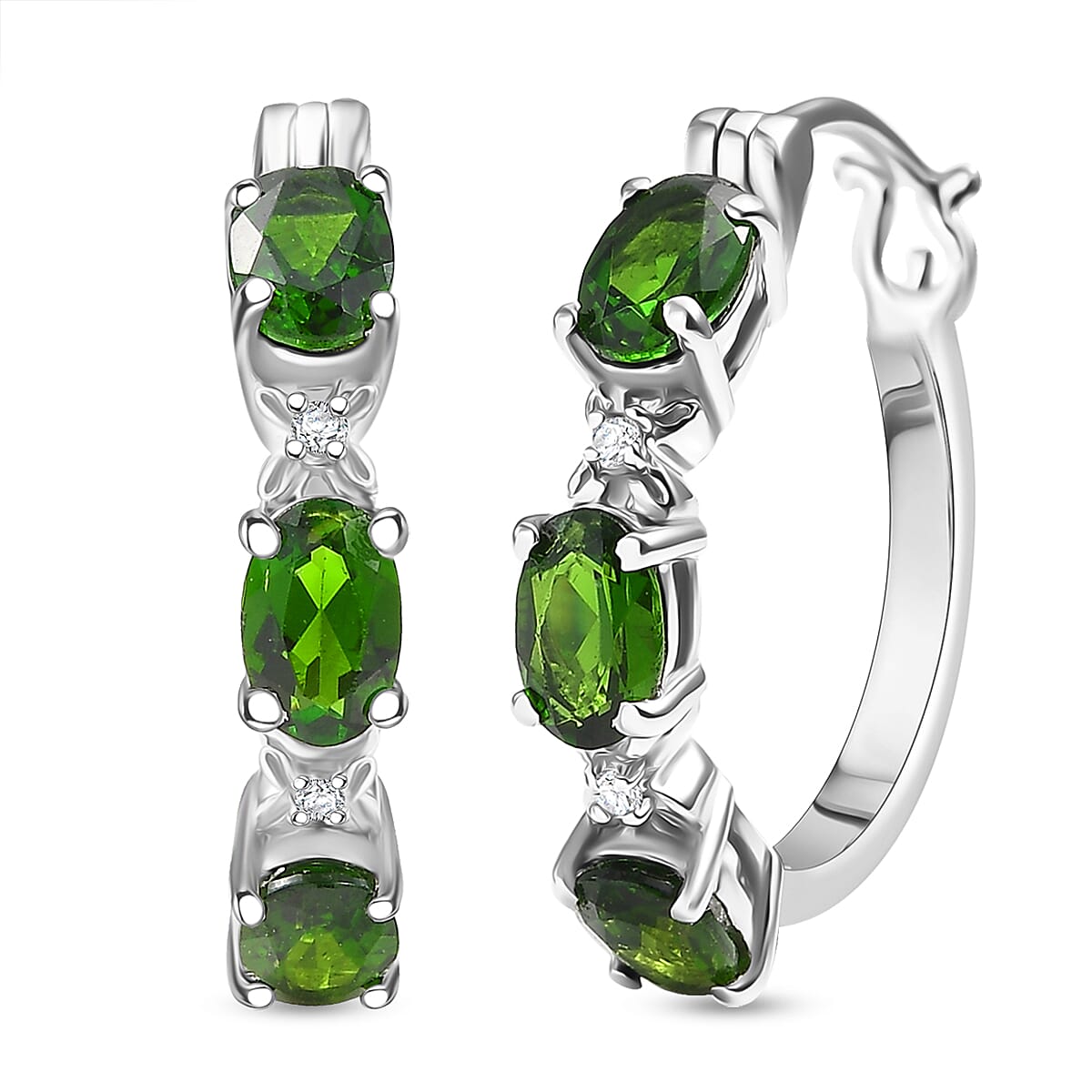 Doorbuster D'Joy Chrome Diopside and White Zircon 2.90 ctw Four Leaf Clover Hoop Earrings in Rhodium Over Sterling Silver image number 0