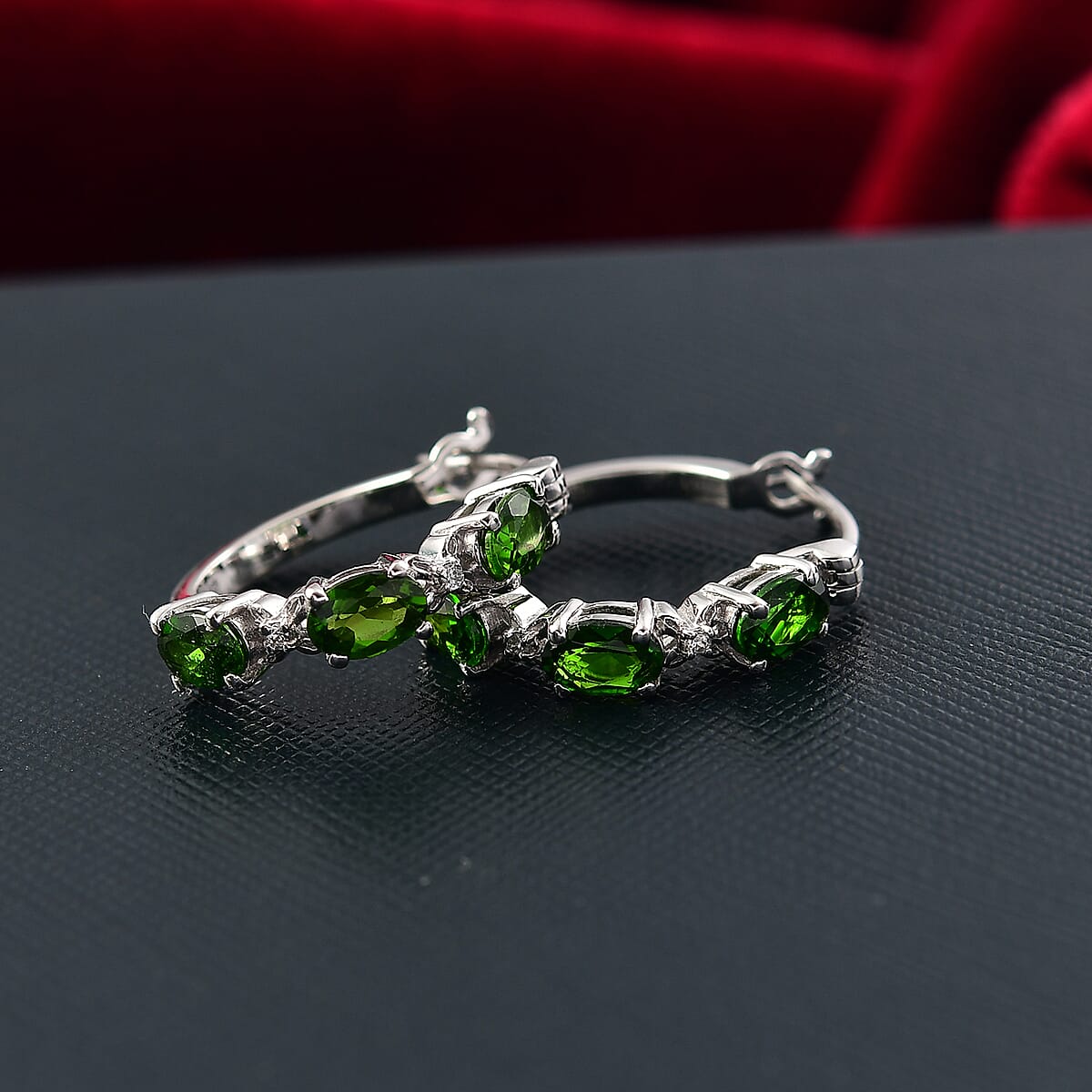 Doorbuster D'Joy Chrome Diopside and White Zircon 2.90 ctw Four Leaf Clover Hoop Earrings in Rhodium Over Sterling Silver image number 1