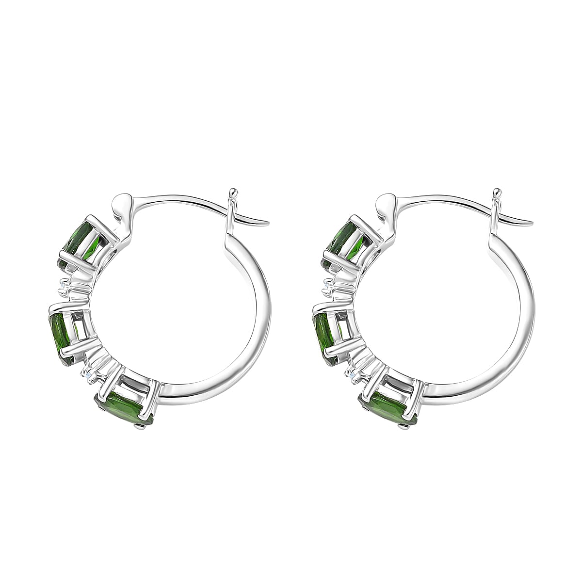 Doorbuster D'Joy Chrome Diopside and White Zircon 2.90 ctw Four Leaf Clover Hoop Earrings in Rhodium Over Sterling Silver image number 3