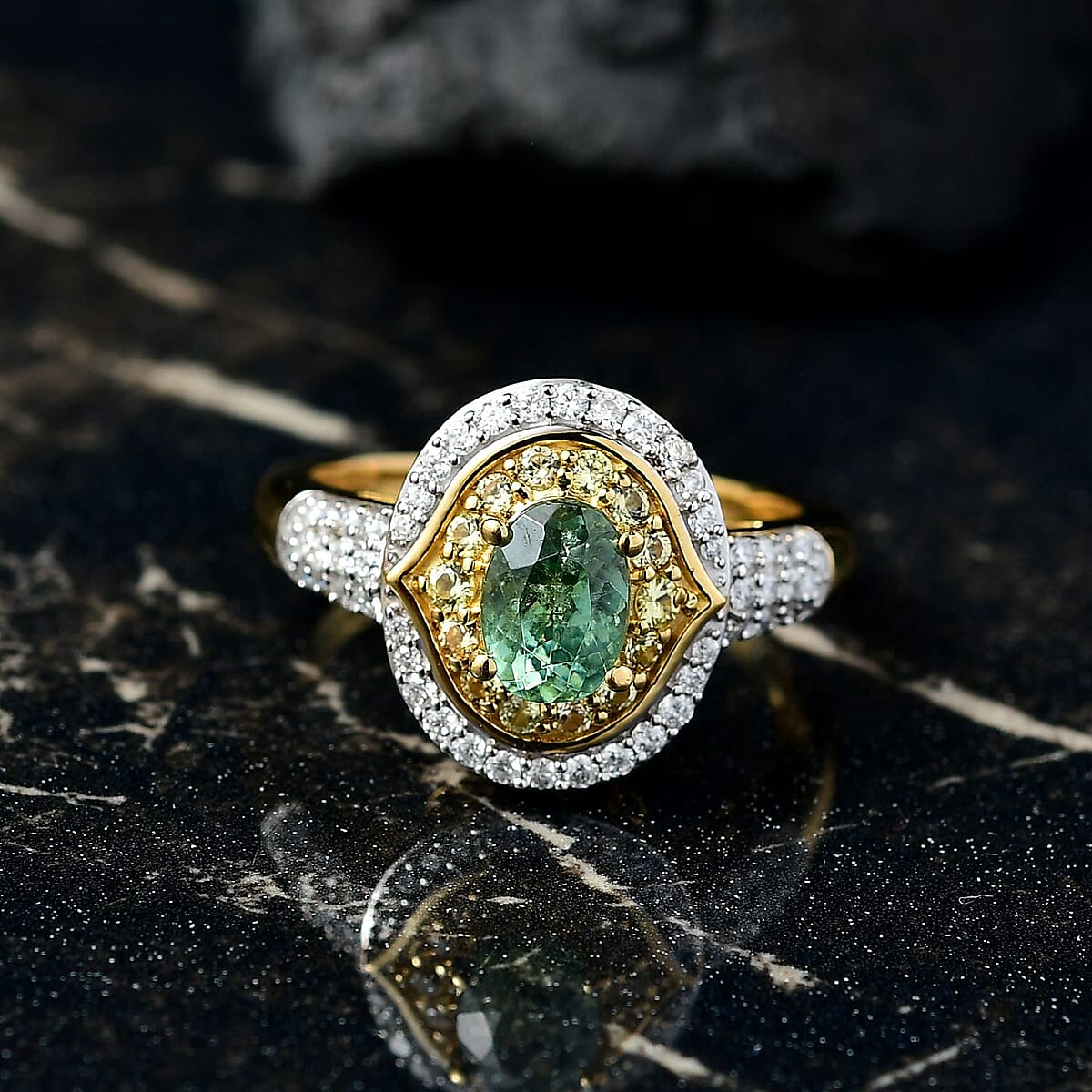 D'Joy Premium Ambanja Demantoid Garnet and Multi Gemstone 1.70 ctw Verdant Halo Ring in 18K Vermeil Yellow Gold Over Sterling Silver (Size 7.0) image number 1