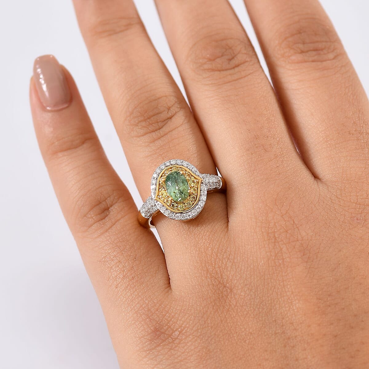 D'Joy Premium Ambanja Demantoid Garnet and Multi Gemstone 1.70 ctw Verdant Halo Ring in 18K Vermeil Yellow Gold Over Sterling Silver (Size 7.0) image number 2