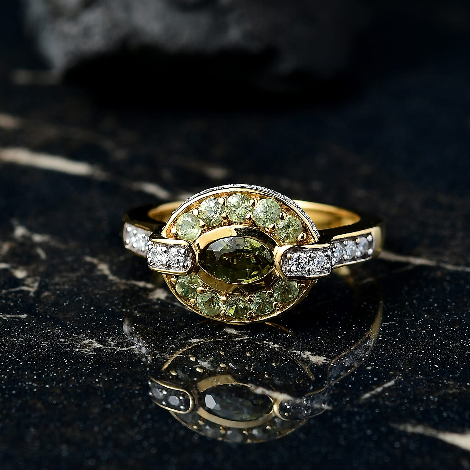 D'Joy Ambanja Demantoid Garnet, Moissanite Gilded Ring in 18K Vermeil YG Over Sterling Silver 1.60 ctw (Size 6.0)