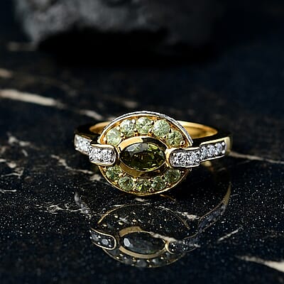 D'Joy Ambanja Demantoid Garnet, Moissanite Gilded Ring in 18K Vermeil YG Over Sterling Silver 1.60 ctw (Size 6.0)