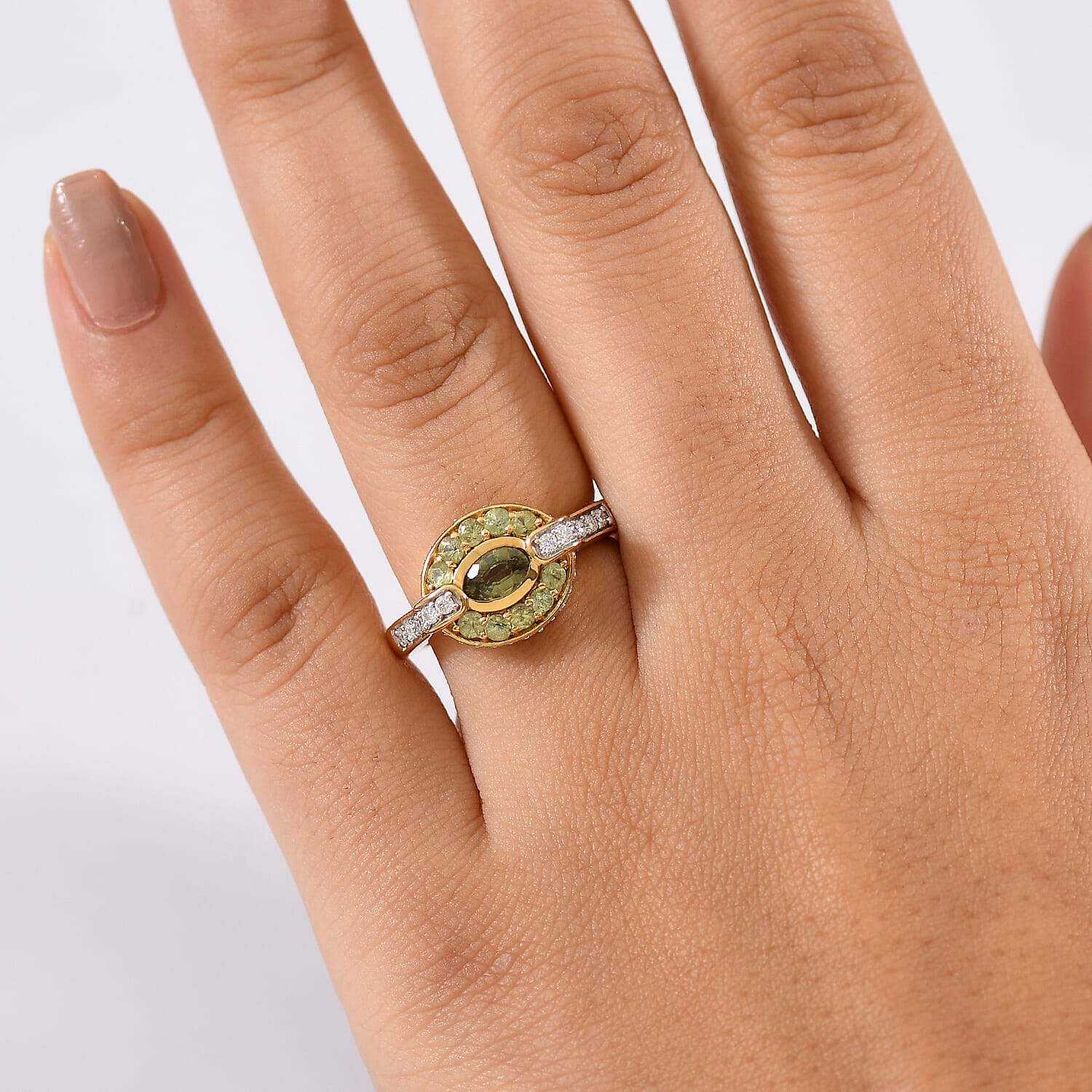 D'Joy Ambanja Demantoid Garnet, Moissanite Gilded Ring in 18K Vermeil YG Over Sterling Silver 1.60 ctw (Size 6.0)