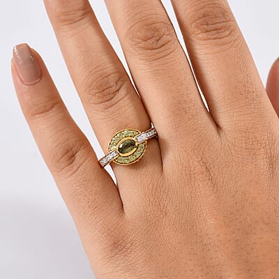D'Joy Ambanja Demantoid Garnet, Moissanite Gilded Ring in 18K Vermeil YG Over Sterling Silver 1.60 ctw (Size 6.0)