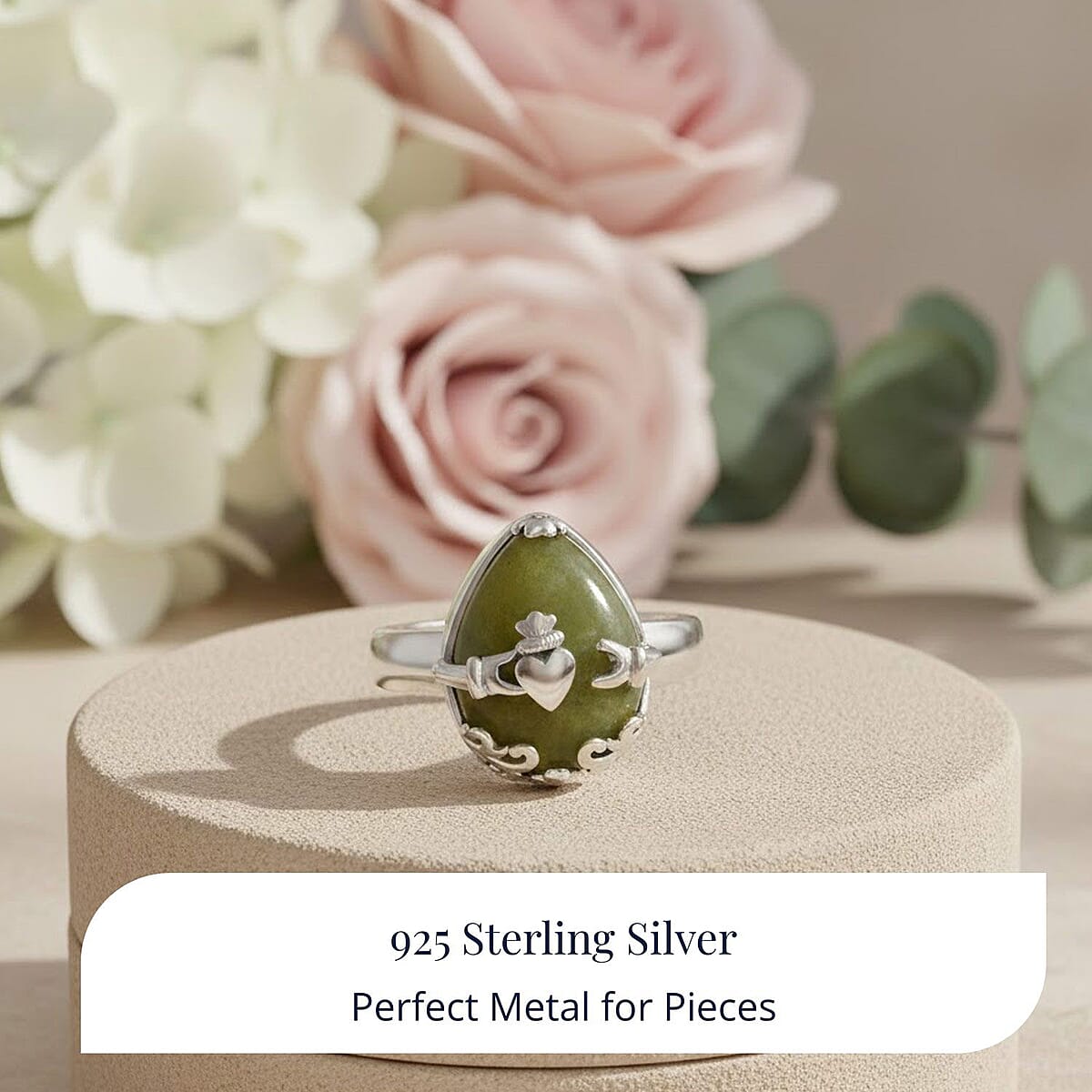 D'Joy Connemara Marble 9.00 ctw Claddagh Harmony Ring in Platinum Over Sterling Silver (Size 9.0) image number 3