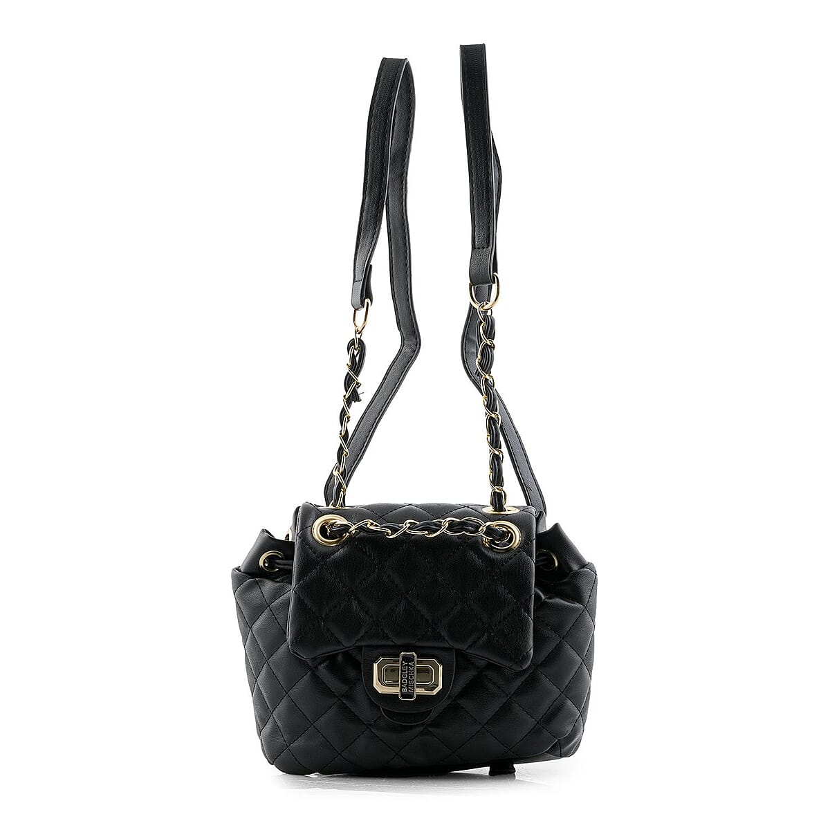 Closeout Badgley Mischka Black Vegan Leather Quilted Backpack (9"x6"x4") image number 0