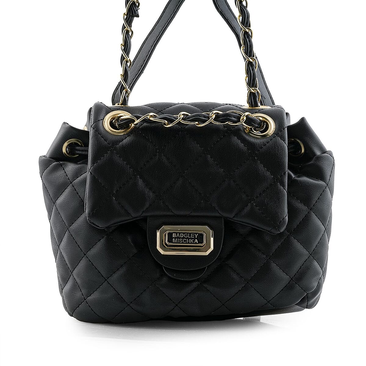 Closeout Badgley Mischka Black Vegan Leather Quilted Backpack (9"x6"x4") image number 2