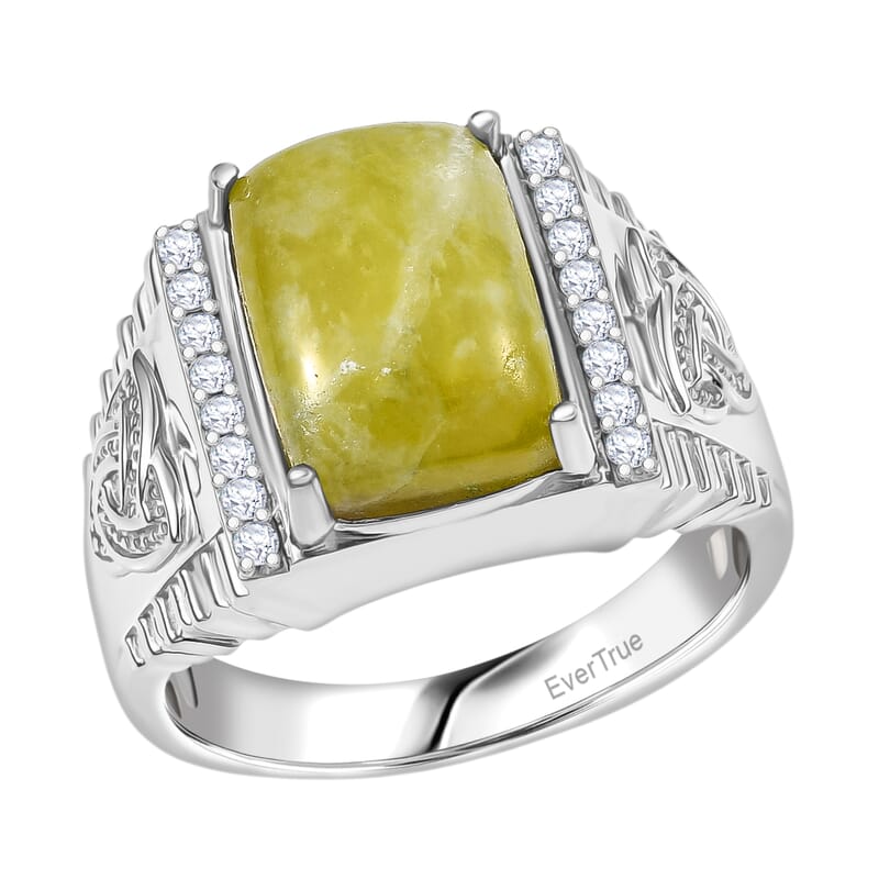 EverTrue Connemara Marble and White Zircon 7.75 ctw Celtic Guardian Men's Ring in Platinum Bond (Size 10.0)