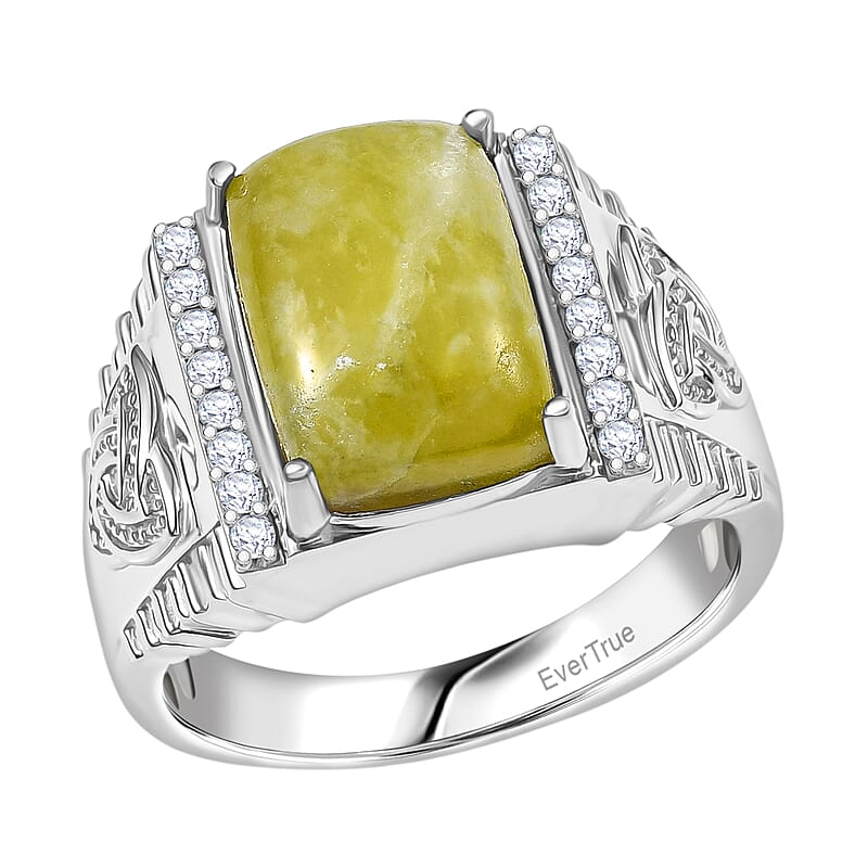 EverTrue Connemara Marble and White Zircon 7.75 ctw Celtic Guardian Men's Ring in Platinum Bond (Size 10.0)