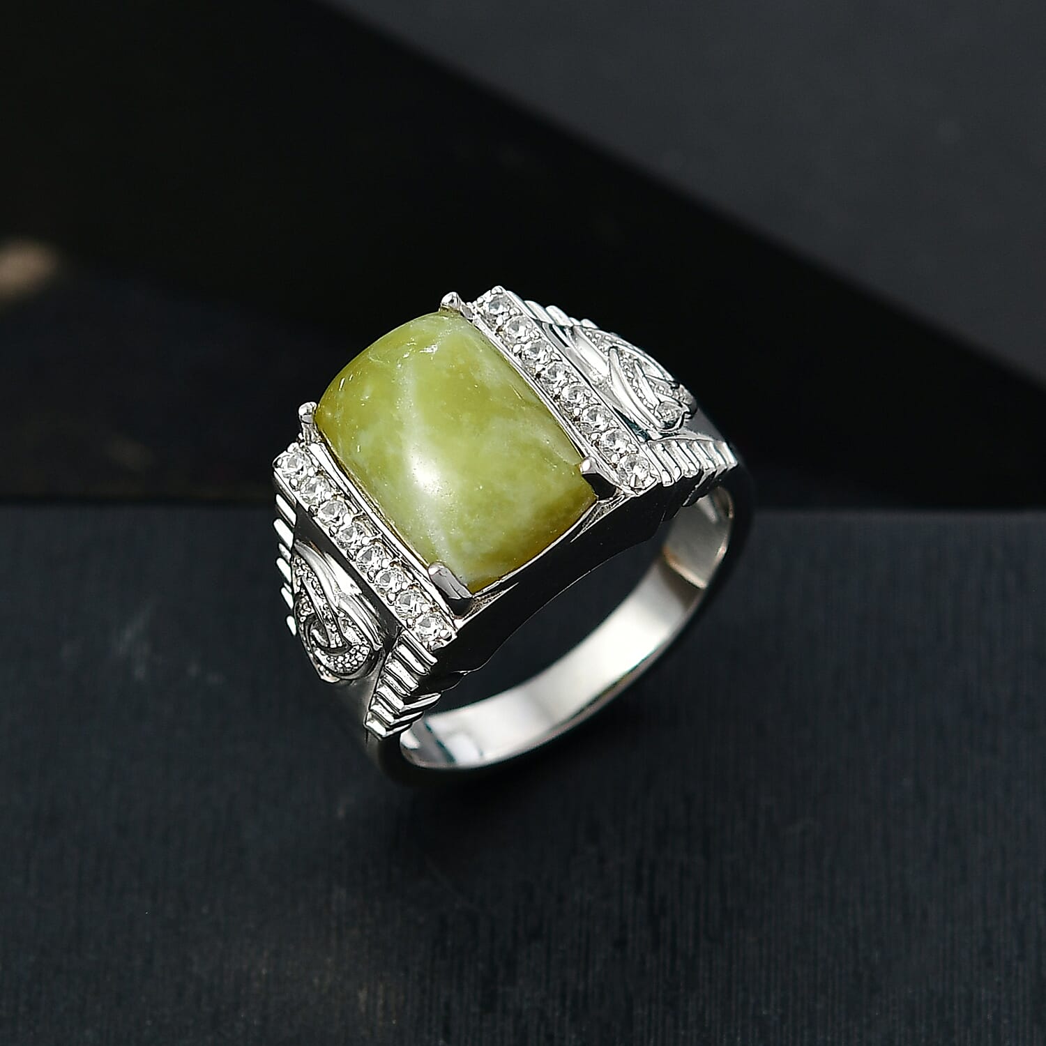 EverTrue Connemara Marble and White Zircon 7.75 ctw Celtic Guardian Men's Ring in Platinum Bond (Size 10.0)