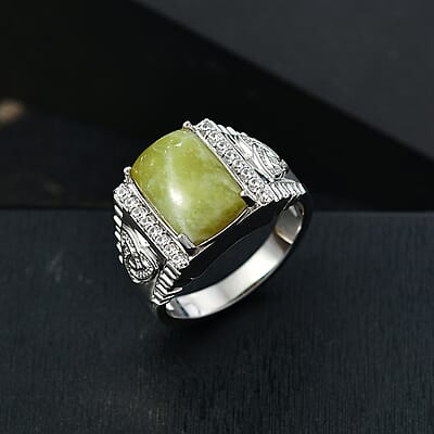 EverTrue Connemara Marble and White Zircon 7.75 ctw Celtic Guardian Men's Ring in Platinum Bond (Size 10.0)