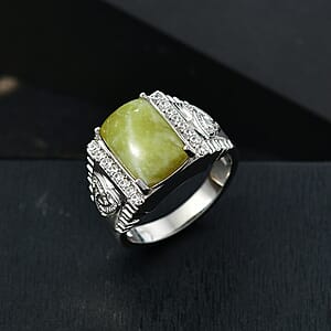 EverTrue Connemara Marble and White Zircon 7.75 ctw Celtic Guardian Men's Ring in Platinum Bond (Size 12.0)