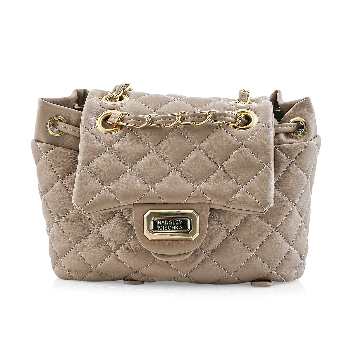 Closeout Badgley Mischka Taupe Vegan Leather Quilted Backpack image number 4